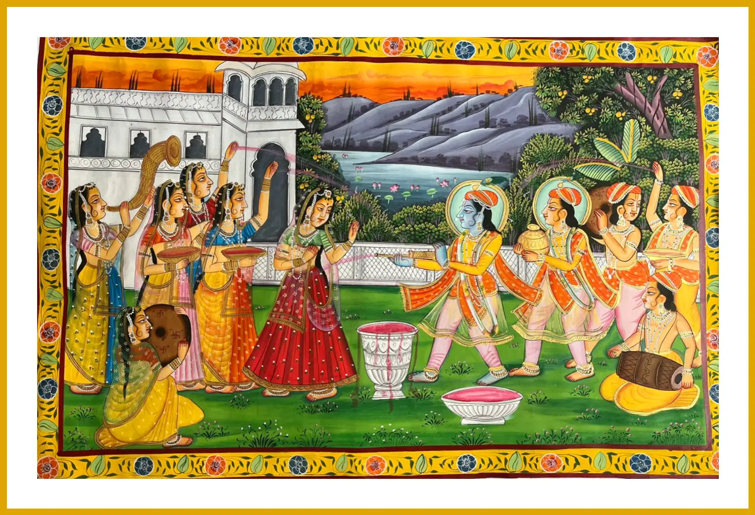 Pichwai Art Painting – Lord Krishna Playing Holi | Handmade Traditional Nathdwara Wall Décor"